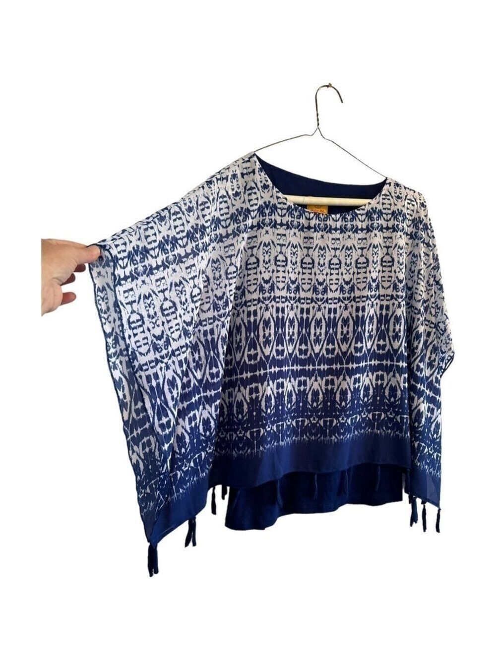 Ruby Rd. Boho Abstract Tunic Blouse Blue & White Kimono Sleeves, PETITE Medium - Picture 3 of 15